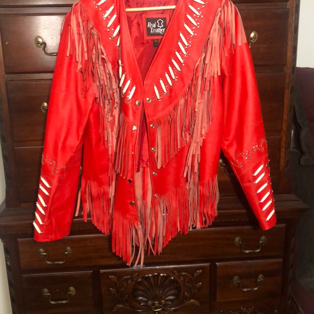 Real Red Leather Jacket with fringe